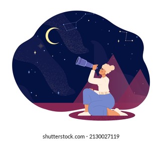 Look through telescope abstract concept. Woman admires night starry sky, planets and moon. Astronomical observations, entertainment or pleasant hobby. Cartoon contemporary flat vector illustration