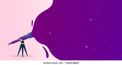 Look through the telescope view of night stars sky with different colors flat vector illustration of outer space background. Banner design