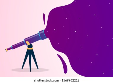 Look through the telescope view of night stars sky with different colors flat vector illustration of outer space background. Banner design
