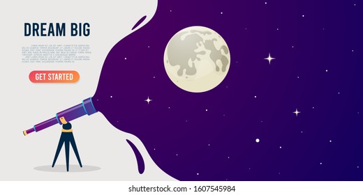 Look through the telescope view of night stars sky with different colors flat vector illustration of outer space background. Banner design