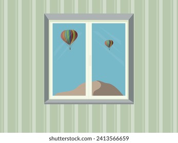 Look through the window. Air balloon in desert sky view