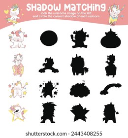 Mira la imagen del unicornio a la izquierda y rodea la sombra correcta de cada unicornio. Encuentra la sombra correcta. Página de actividad imprimible para niños. Juego de aprendizaje. Archivo vectorial.