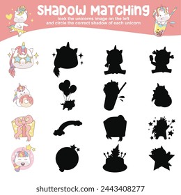 Mira la imagen del unicornio a la izquierda y rodea la sombra correcta de cada unicornio. Encuentra la sombra correcta. Página de actividad imprimible para niños. Juego de aprendizaje. Archivo vectorial.
