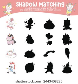 Mira la imagen del unicornio a la izquierda y rodea la sombra correcta de cada unicornio. Encuentra la sombra correcta. Página de actividad imprimible para niños. Juego de aprendizaje. Archivo vectorial.