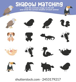 Look the unicorn image on the left and circle the correct shadow of each unicorn. Find the correct shadow. Printable activity page for kids. Learning Game. Vector file.