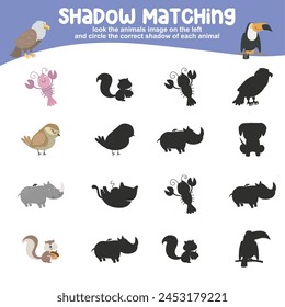 Look the unicorn image on the left and circle the correct shadow of each unicorn. Find the correct shadow. Printable activity page for kids. Learning Game. Vector file.