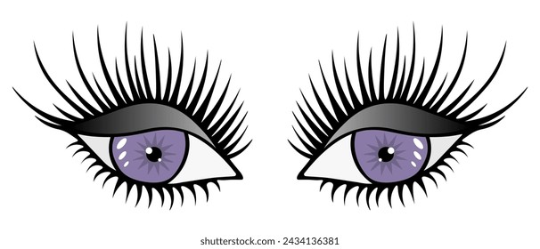 The look of violet eyes. On half-closed eyelids, black eyeshadow. Smokey eye. Lush black eyelashes. White highlights on the iris and pupil. Color vector illustration. Cartoon style. Seductive fox look