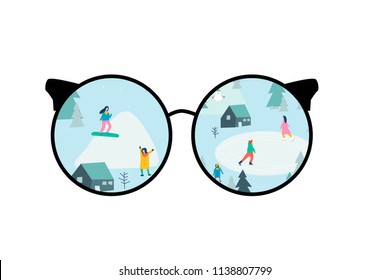 Look at the world through glasses. Vector stylized illustration of active young people. Winter season background people vector illustration flat design