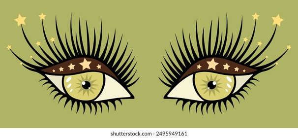 The look of yellow eyes. On half-closed eyelids, brown eyeshadow and sparkling glitter. Lush black eyelashes covered with stars. White highlights on the iris and pupil. Color vector illustration. 