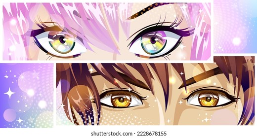 Look of a young man and a eye of a young girl. Manga page illustration. Vector image in manga and anime style.
