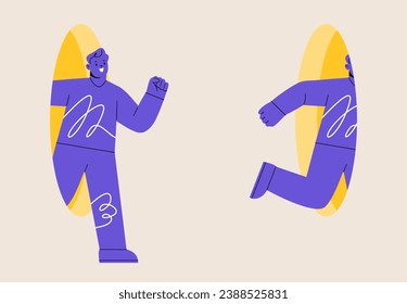 Look at yourself. Man look in hole and see himself. Concept of look at yourself first. Self-worth and assessment. Colorful vector illustration

