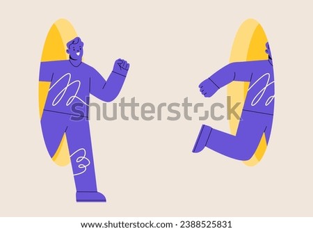 Look at yourself. Man look in hole and see himself. Concept of look at yourself first. Self-worth and assessment. Colorful vector illustration

