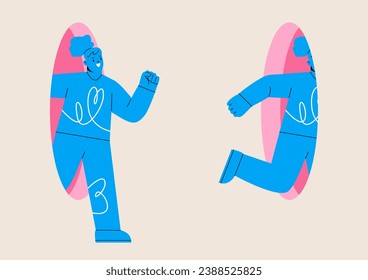 Look at yourself. Woman look in hole and see himself. Concept of look at yourself first. Self-worth and assessment. Colorful vector illustration

