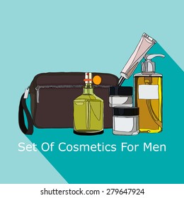 looking after a set of cosmetics for men - handbag for cosmetics, lotion, shampoo, hand cream, balm beard, beard medicine,  cologne, eau de toilette. vector illustration for your design. 