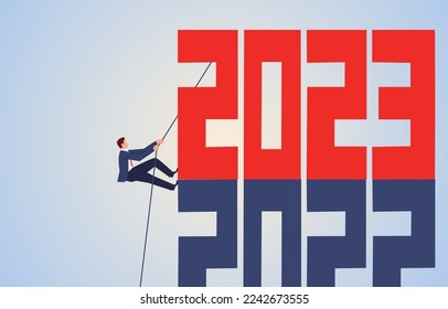 Looking ahead to 2023, new opportunities and challenges, new developments new business, annual events, businessmen pulling the rope climbing 2023