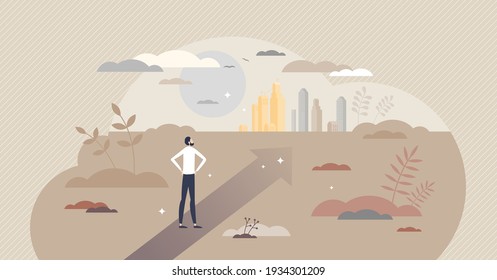 Looking ahead for business future as visionary ambition tiny person concept. Leader career target strategy vector illustration. Inspiration, motivation, ambition or confident forward progress decision