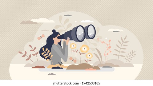 Looking ahead to future as strategy vision from female leader tiny person concept. Business opportunity searching from visionary woman vector illustration. Find professional objective or direction.