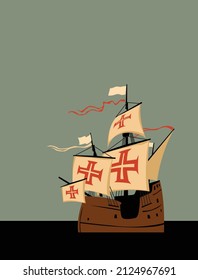 Looking for America. Brave pioneers cross the Atlantic on a small sailing ship. Vector image for prints, poster and illustrations. svg