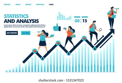 Looking at annual statistics on corporate performance. Analysis planning strategies and idea for corporate. Line chart in business statement report. Human illustration for website, mobile apps, poster