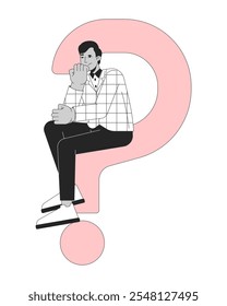 Looking for answers black and white 2D illustration concept. Business strategy. Thoughtful indian businessman sitting on question mark outline character isolated. Metaphor monochrome vector art