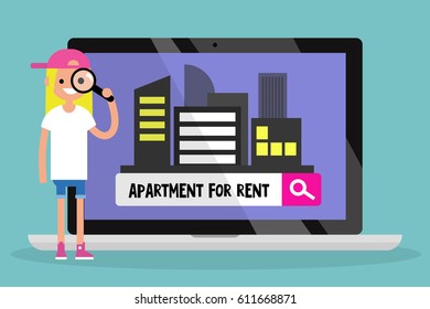 Looking for an apartment for rent. Young girl looking through a magnifying glass. Flat editable vector illustration, clip art