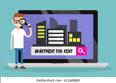 Looking for an apartment for rent. Young nerd looking through a magnifying glass. Flat editable vector illustration, clip art