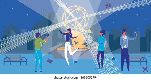 Looking Around Night City. Tourists Visiting Popular Light Show. Brunet Shooting Girlfriend with Smartphone to Remember Happy Moments of Their Tour. Young Man Taking Selfie Against Popular Attraction.