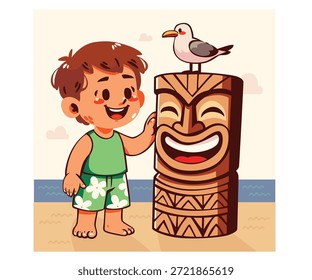 ¿Buscas obras de arte para el Día de Waitangi? Echa un vistazo a esta linda caricatura con un niño y un pájaro encima de una estatua de tiki, ideal para un proyecto creativo festivo