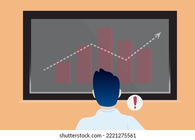 von hinten, hinter dem Geschäftsmann oder Börsenhändler starren, beobachten Sie die Aufwärtstrend-Grafik der Inflation auf dem Bildschirm. Denker im Büro - Einfache flache Vektorgrafik