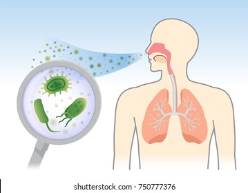 Looking Bacteria and Fungi into respiratory of human from breathe with Magnifying glass. Illustration about air pollution.