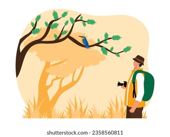 Looking at a bird standing on a tree branch quietly, man carrying a camera to take pictures, bird watching vector illustration.