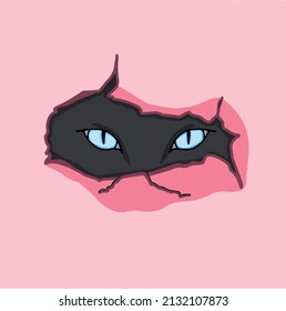 Looking blue cat eyes through a hole in the wall