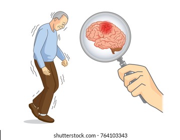 Looking Brain Of Parkinson's Disease Patient With Magnifying Glass. Illustration About Elderly Health Care.