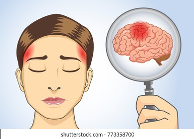 Looking brain of woman with magnifying glass her have headaches symptom.  Illustration about medical diagnosis.