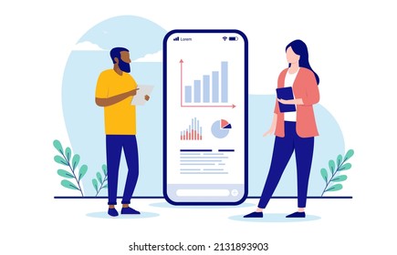 Looking at business data - Abstract illustration of businesspeople analysing graphs and charts on phone screen. Flat design vector illustration