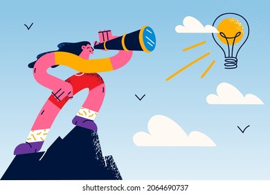 Looking for Business Innovative ideas concept. Young smiling business woman cartoon character standing looking for great idea with light bulb on top vector illustration 