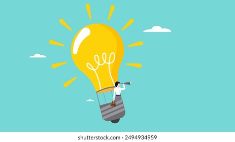 looking for business opportunities with knowledge, creative idea to see business opportunity, businesswoman riding a light bulb-shaped hot air balloon to observe business opportunities