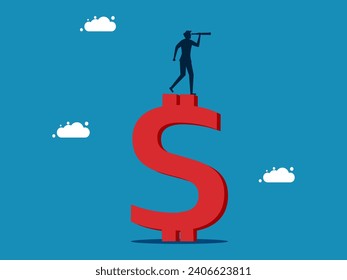 Looking for business profits. man on money with telescope 