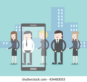 looking of career, online job, employee, promotion, survey by smart phone. Flat design for business financial marketing banking advertising commercial event minimal concept cartoon illustration.