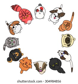 looking up cats and dogs in circle with copy space