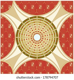 Looking to the ceiling - high and decorated Tambur dome dummy pylon towers decorated with ornaments and arc extending support ribs 
