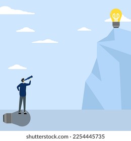 looking for clear idea to see future opportunity, challenge to overcome difficulties to see real visionary concept, Businessman with binoculars looking at idea on top of mountain
