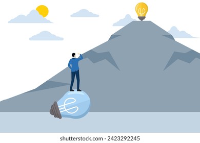 looking for clear ideas seeing future opportunities, challenges overcoming difficulties seeing real visionary concepts, Businessman with binoculars looking at ideas at the top of the mountain.