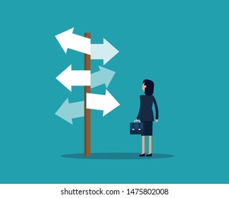 Looking at complicated street sign. Vector illustration business forked road concept. Directional sign. Flat cartoon design.