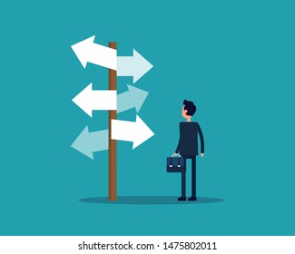 Looking at complicated street sign. Vector illustration business forked road concept. Directional sign. Flat cartoon design.