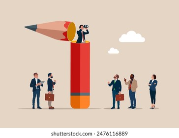 Looking for creative searching and inspiration. Businessman with binoculars  to see vision. Flat vector illustration