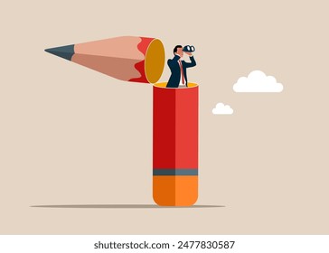 Looking for creative searching and inspiration. Businessman with binoculars researching and imagining for designers and writers content and solutions. Flat vector illustration