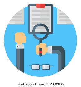 Looking at a document with reading magnifying glass. Eye wear, hands, desk, documents. Colored flat vector illustration 
