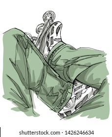 Looking down at crossed legs in rollerblades sketch