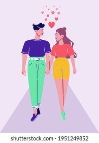 Looking at each other happy young couple. Lovers holding hands. Man and woman walking on a romantic date. Colorful vector illustration. Flat cartoon design.